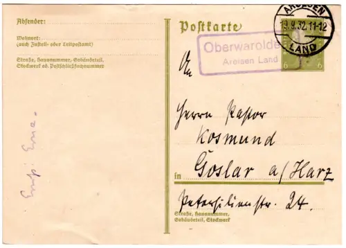 DR 1932, Landpoststempel OBERWAROLDEN Arolsen Land auf 6 Pf. Ganzsachenkarte