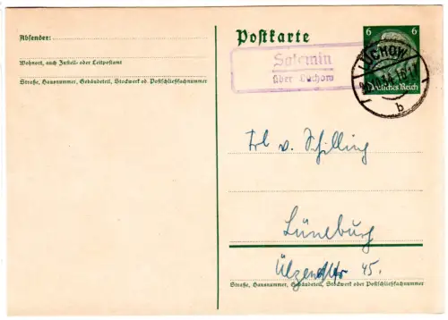 DR 1937, Landpoststempel SATEMIN über Lüchow auf 6 Pf. Ganzsachenkarte.