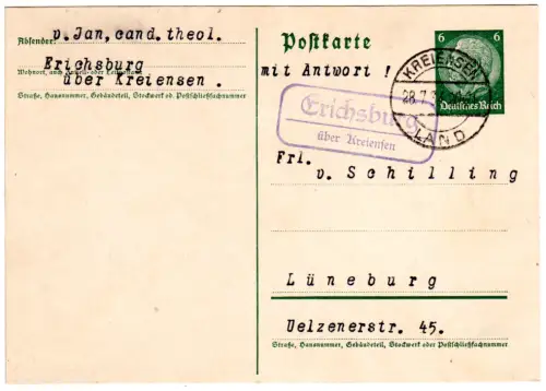 DR 1934, Landpost Stpl. ERICHSBURG über Kreiensen auf 6 Pf. Ganzsache