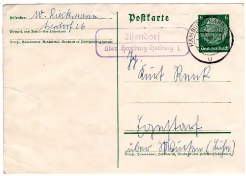 DR 1939, Landpost Stpl. ASENDORF über Hamburg-Harburg 1 auf 6 Pf. Ganzsache