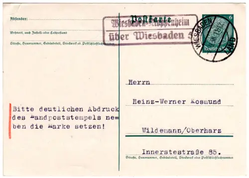 DR 1938, Landpost Stpl. WIESBADEN-KLOPPENHEIM über Wiesbd.5  auf 6 Pf. Ganzsache