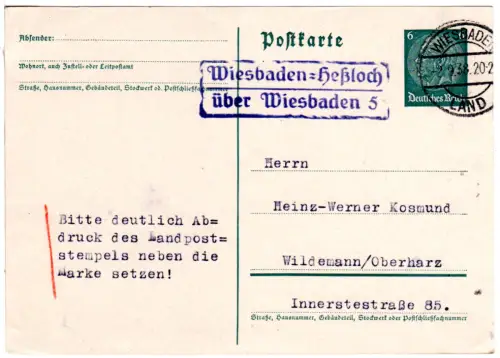 DR 1938, Landpost Stpl. WIESBADEN-HESSLOCH über Wiesbaden 5 auf 6 Pf. Ganzsache