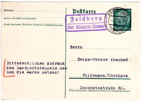 DR 1938, Landpost Stpl. FELDBERG über Königstein auf 6 Pf. Ganzsache