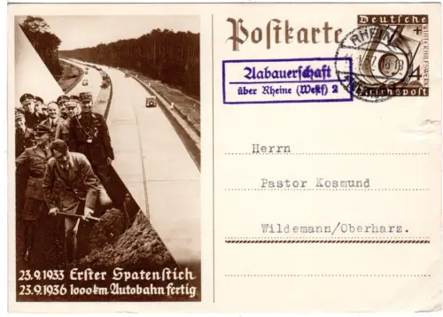 DR 1937, Landpost Stpl. AABAUERSCHAFT über Rheine (Westf) 2 auf 6 Pf. Ganzsache