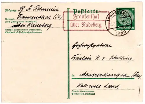 DR 1933, Landpost Stpl. FRANKENTHAL über Radeberg auf 6 Pf. Ganzsache