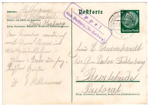 DR 1939, Landpost Stpl. APPEL über Buchholz (Kr. Harburg) auf 6 Pf. Ganzsache