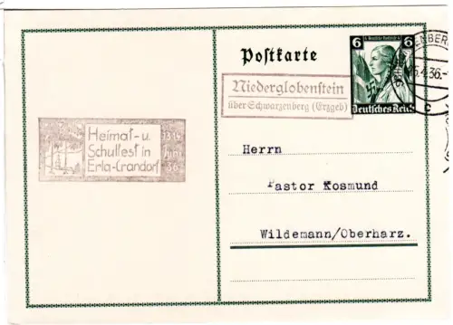 DR 1936, Landpost Stpl. NIEDERGLOBENSTEIN über Schwarzenberg auf 6 Pf. Ganzsache