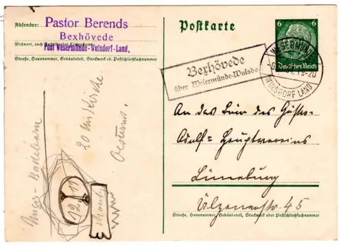DR 1934, Landpost Stpl. BEXHÖVEDE über Wesermünde-Wulsdorf auf  6 Pf. Ganzsache.