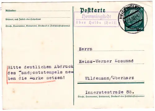 DR 1936, Landpost Stpl. HEMMINGSTEDT über Heide (Holst) auf  6 Pf. Ganzsache.