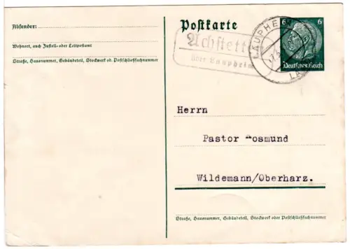 DR 1937, Landpost Stpl. ACHSTETTEN über Laupheim auf 6 Pf. Ganzsache