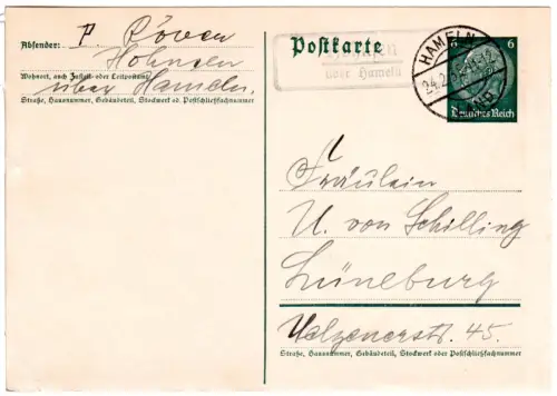 DR 1935, Landpost Stpl. HOHNSEN über Hameln auf 6 Pf. Ganzsache