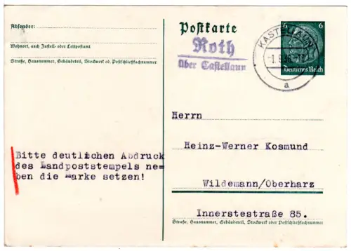 DR 1937, Landpost Stpl. ROTH über Castellaun auf 6 Pf. Ganzsache