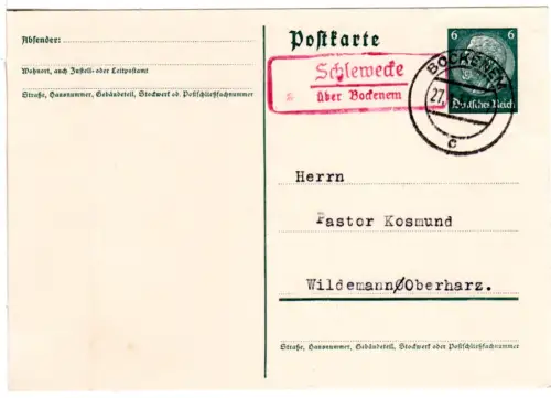DR 1937, roter Landpost Stpl. SCHLEWECKE über Bockenem auf 6 Pf. Ganzsache
