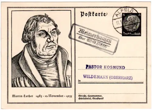 DR 1934, Landpost Stpl. MEIMERHAUSEN über Alfeld auf 6 Pf. Ganzsache