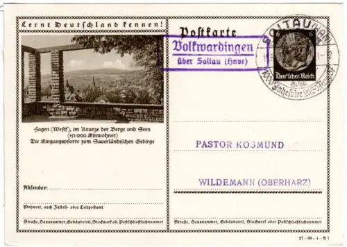 DR 1937, Landpost Stpl. VOLKWARDINGEN über Soltau (Hnvr) auf 6 Pf. Ganzsache