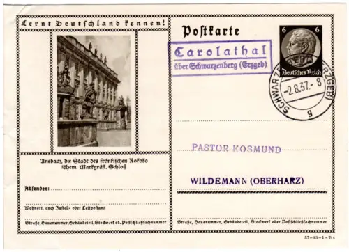 DR 1937, Landpost Stpl. CAROLATHAL über Schwarzenberg auf 6 Pf. Ganzsache