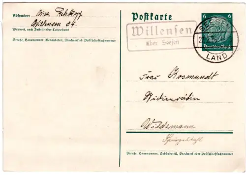 DR 1936, Landpost Stpl. WILLENSEN über Seesen auf 6 Pf. Ganzsache