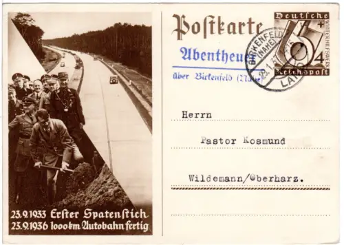 DR 1937, Landpost Stpl. ABENTHEUER über Birkenfeld (Nahe) auf 6 Pf. Ganzsache
