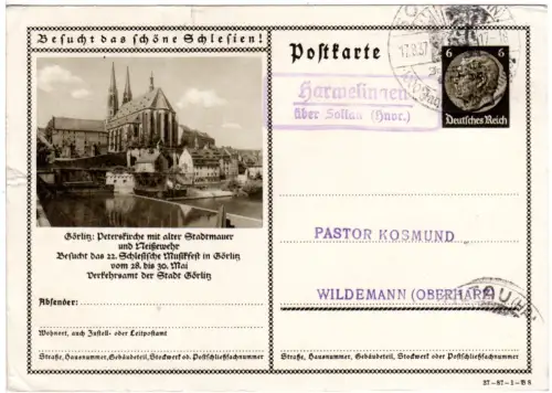 DR 1937, Landpost Stpl. HARMELINGEN über Soltau (Hnvr.) auf 6 Pf. Bild-Ganzsache