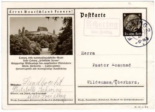 DR 1937, Landpost Stpl. ACHERING über Freising auf 6 Pf. Bild-Ganzsache