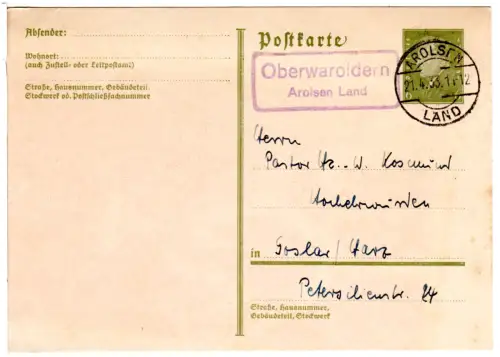 DR 1933, Landpost Stpl. OBERWAROLDERN Arolsen Land auf 6 Pf. Ganzsache