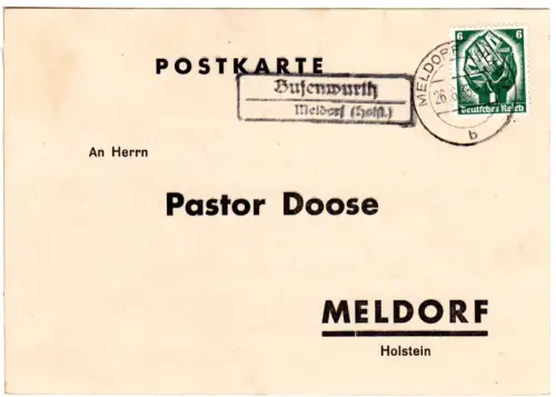 DR 1935, Landpost Stpl. BUSENWURTH über Meldorf (Holst.) auf Karte m. 6 Pf. 