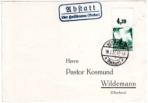 DR 1937, Landpost Stpl. ABSTATT über Heilbronn (Neckar) auf Karte m. 6 Pf.