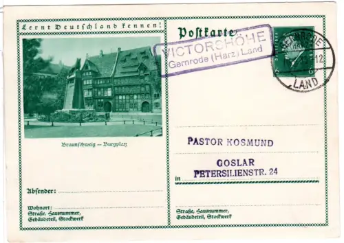 DR 1933, Landpost Stpl. VICTORSHÖHE Gernrode (Harz) Land auf 6 Pf. Ganzsache
