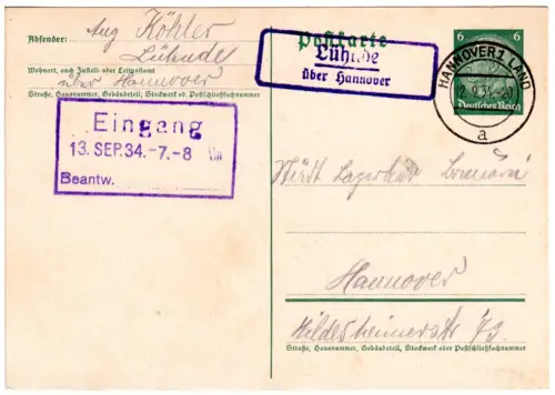 DR 1934, Landpost Stpl. LÜHNDE über Hannover auf 6 Pf. Ganzsache