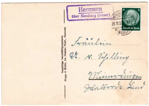 DR 1933, Landpost Stpl. HEEMSEN über Nienburg (Weser) auf Karte m. 6 Pf.