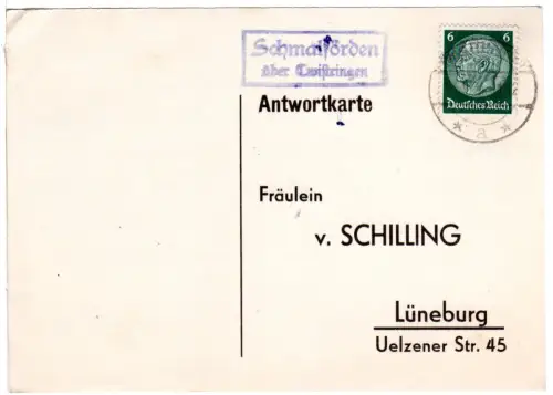 DR 1934, Landpost Stpl. SCHMALFÖRDEN über Twistringen auf Karte m. 6 Pf.