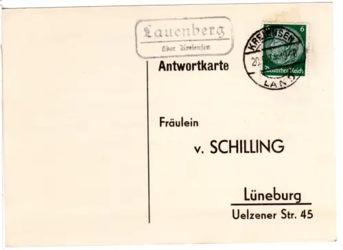 DR 1934, Landpost Stpl. LAUENBERG über Kreiensen auf Karte m. 6 Pf.