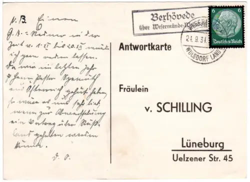 DR 1934, Landpost Stpl. BEXHÖVEDE über Wesermünde-Wulsdorf auf Karte m. 6 Pf. 