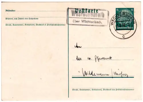 DR 1938, Landpost Stpl. WÜSTWILDENROTH über Wächtersbach auf 6 Pf. Ganzsache