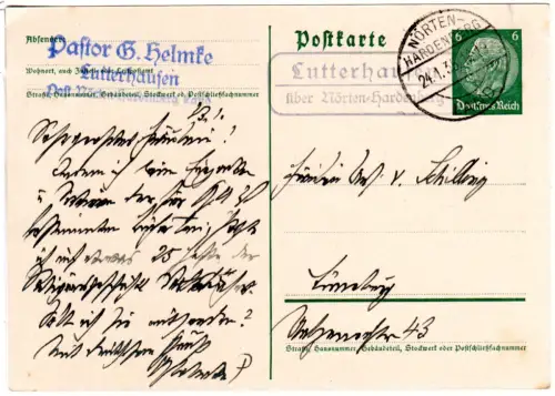 DR 1935, Landpost Stpl. LUTTERHAUSEN über Nörten-Hardenberg auf 6 Pf. Ganzsache