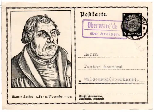 DR 1933, Landpost Stpl. OBERWAROLDERN über Arolsen auf 6 Pf. Ganzsache