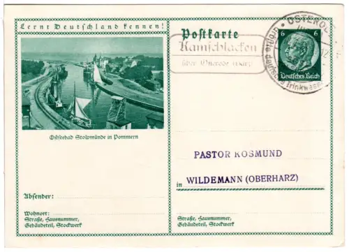 DR 1935, Landpost Stpl. KAMSCHLACKEN über Osterode (Harz) auf 6 Pf. Ganzsache.