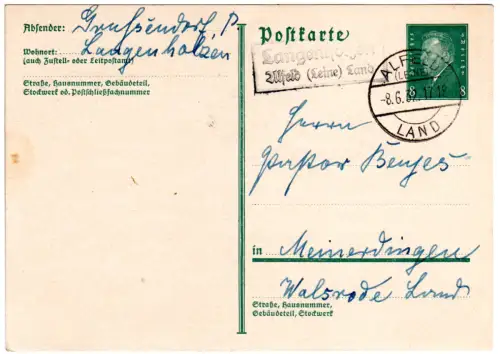 DR 1932, Landpost Stpl. LANGENHOLZEN Alfeld (Leine) Land auf 6 Pf. Ganzsache.