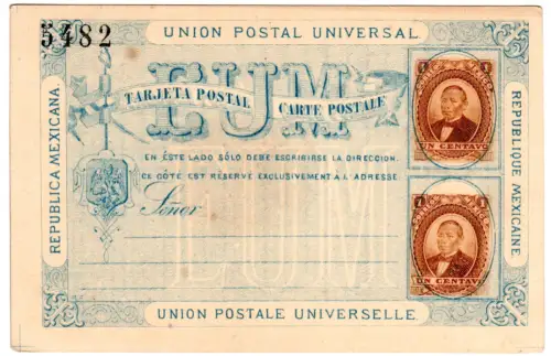 Mexiko, ungebr. 1+1 C. UPU Ganzsache m. 2 Prägedruck-Wertstempeln.