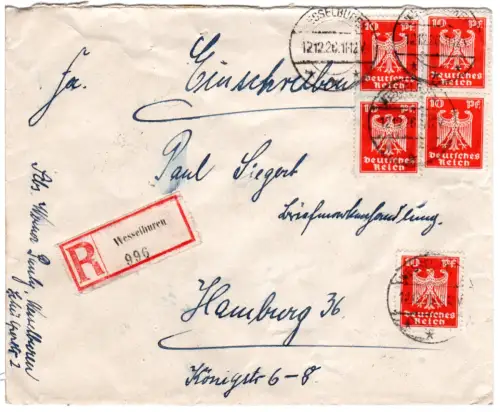 DR 1926, MeF 5x10 Pf. auf Einschreiben Brief v. Wesselburen
