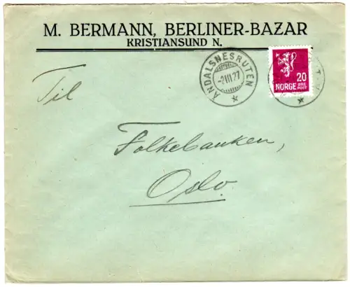 Norwegen 1927, Schiffspost Stpl. Andalsnesruten klar auf Brief v. Kristiansund N