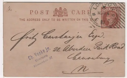 GB 1887 Hoster Maschinenstpl. LONDON EC klar auf 1/2d Ganzsache 