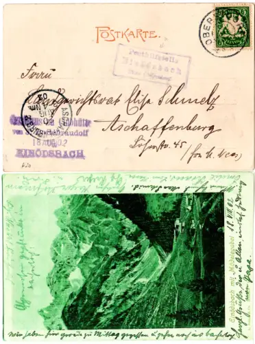 Bayern 1902, Posthilfstelle EINÖDSBACH Taxe Oberstdorf auf AK m. 5 Pf.