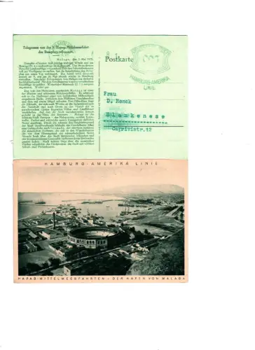 DR 1928, 3 Pf. AFSt. Hamburg-Amerika Linie auf Karte v. Hamburg m. AK v. Malaga