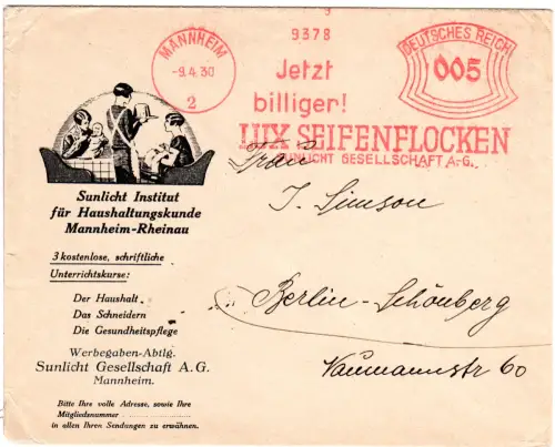 DR 1930, 12 Pf. AFSt. Lux Seifenflocken...Sunlicht... auf Brief v. Mannheim