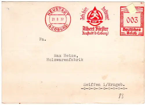 DR 1937, 3 Pf. AFSt. Ich bin bekannt...A. Förster auf Karte v. Neustadt (Coburg)