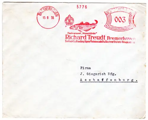 DR 1935, 3 Pf. AFSt. Fischversand Richard Treudt auf Brief v. Bremerhaven