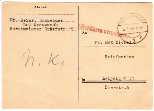 1946, L1 Gebühren verrechnet auf Bestellkarte v. Bad Kreuznach