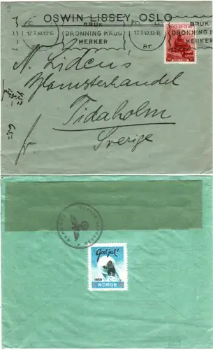 Norwegen 1940, 20 öre auf Brief v. Oslo n. Schweden m. Geprüft Deutsche Zensur