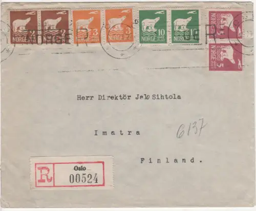 Norwegen 1927, 4 Paare Nordpolflug auf Einschreiben Brief v. Oslo n. Finnland